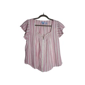 Draper James XL Pink White Stripe Linen-Cotton Cabana Shirt Beach Coquette Girl